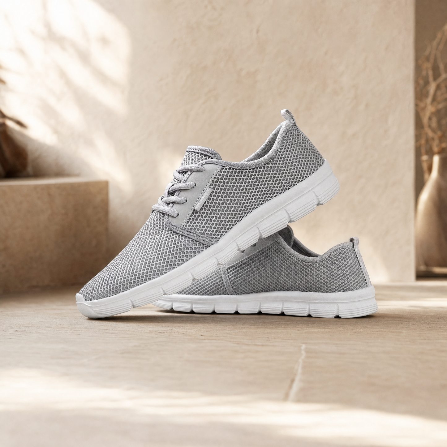 Grey lightweight mesh sneaker on a warm stone surface in soft daylight