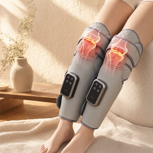 Cordless knee and calf massager worn, in a calm warm neutral interior
