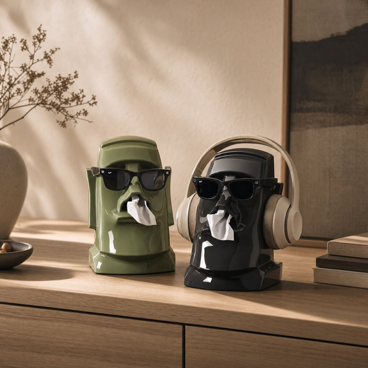 Stone figure tissue boxes in green and black on a pale oak console