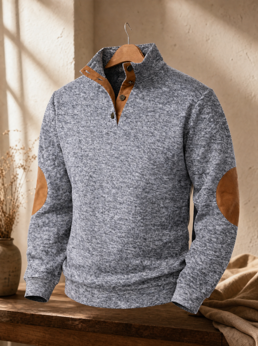 Light grey vintage polo with tan suede collar and elbow patches