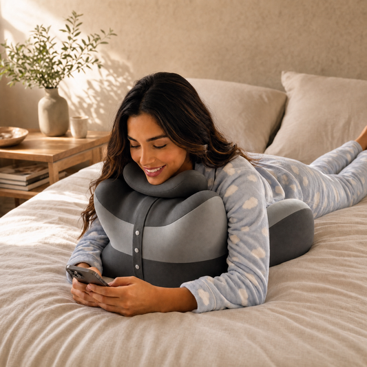 Grey multifunctional memory foam pillow in a calm warm bedroom