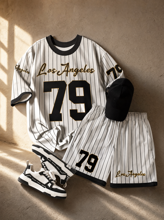 Men's pinstripe baseball set in warm natural light