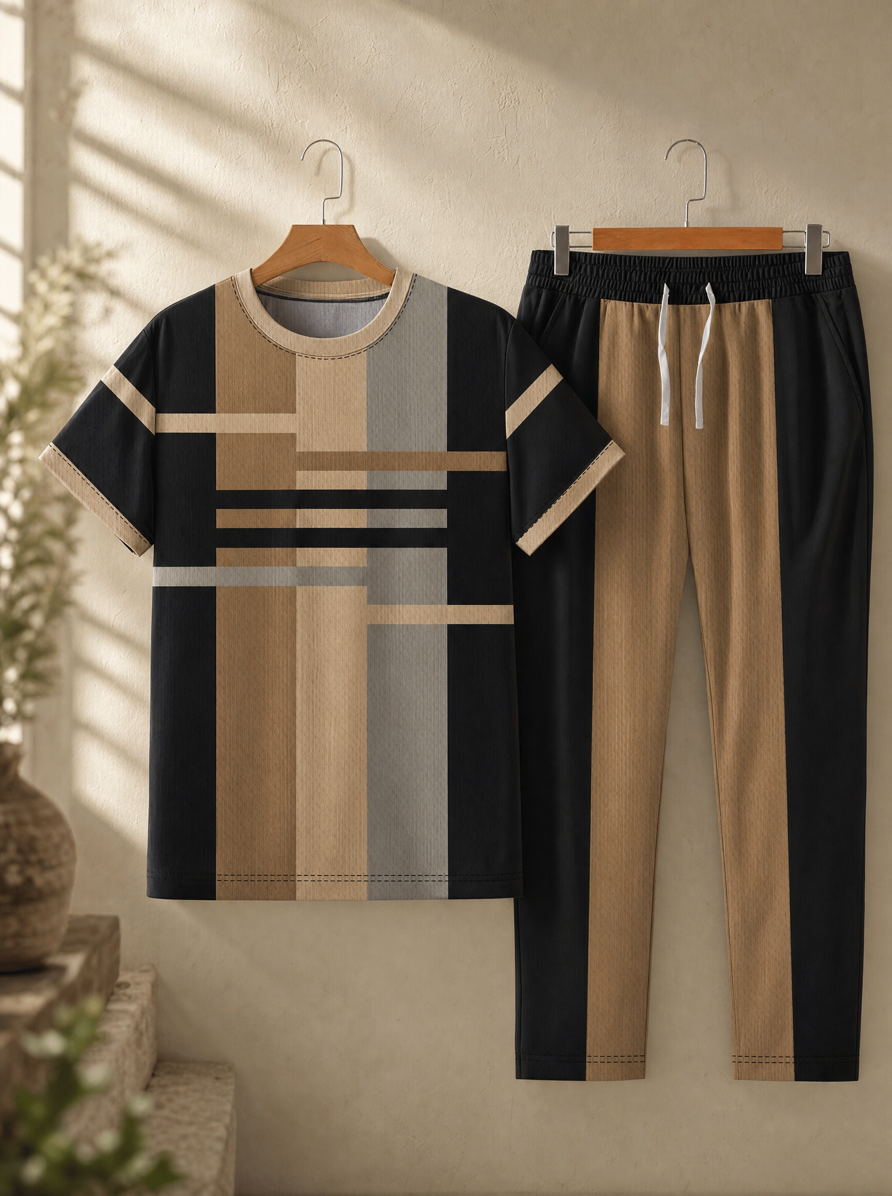 Men's black and cream casual set on wooden hangers