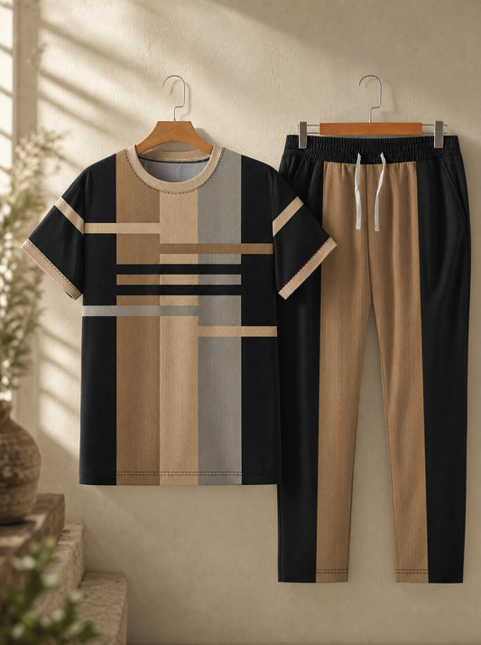 Men's black and cream casual set on wooden hangers
