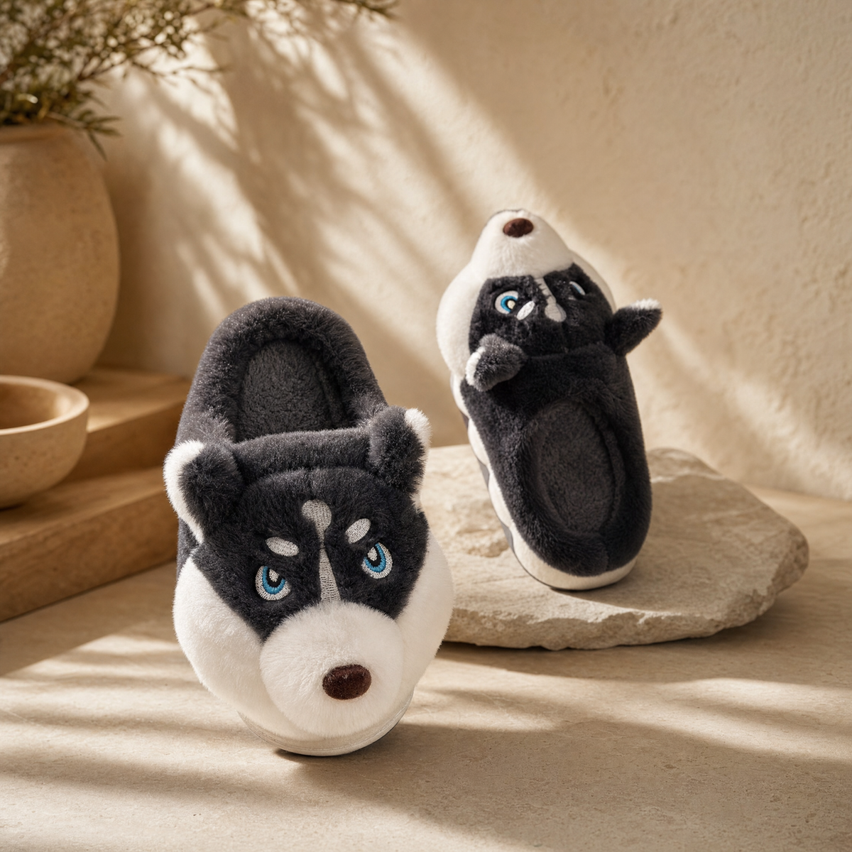 Husky face slippers on a warm neutral surface