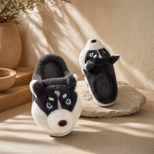 Husky face slippers on a warm neutral surface
