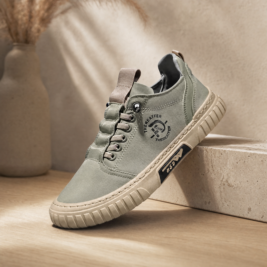Sage canvas casual shoe with gum sole in soft daylight