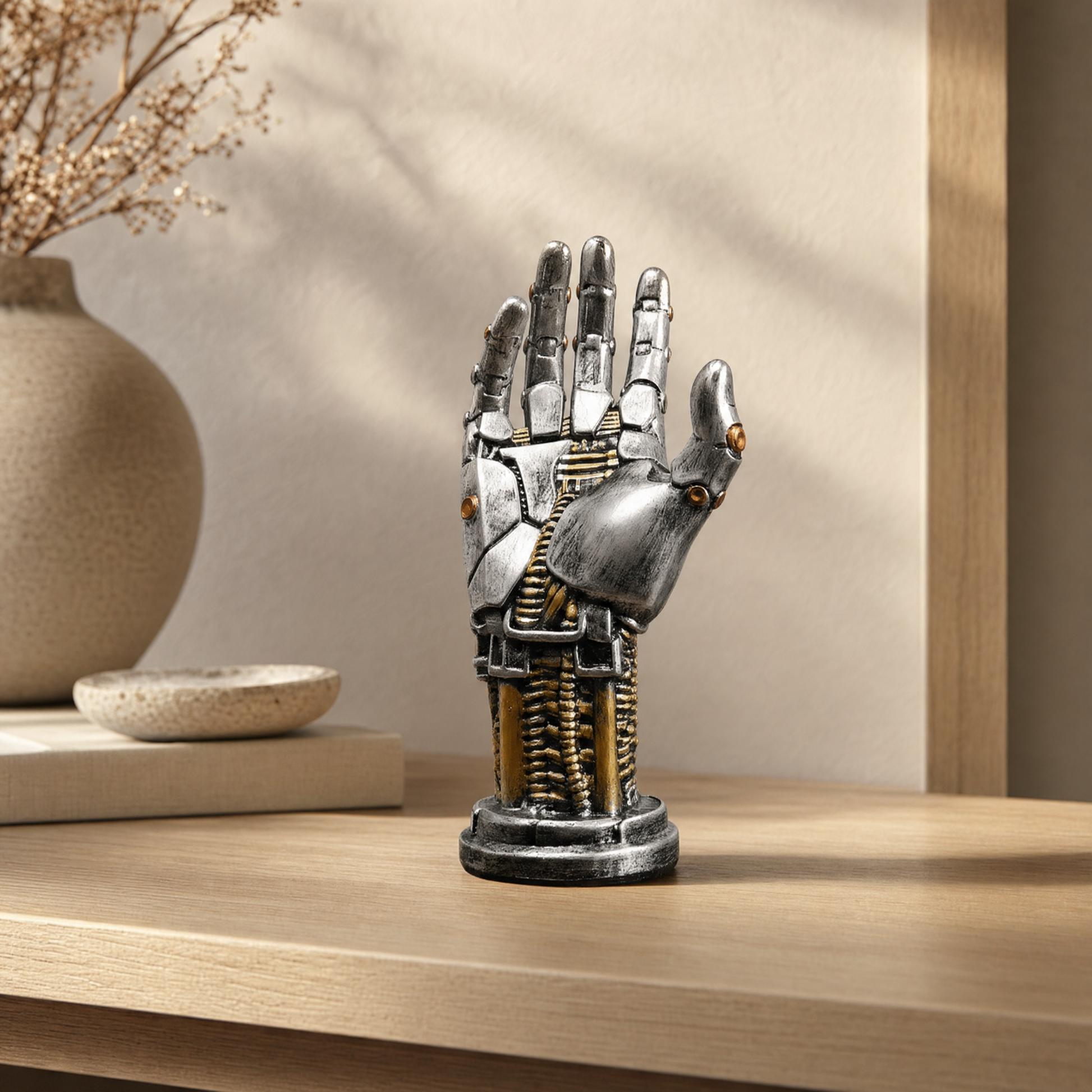 Robotic hand stand on a pale oak console