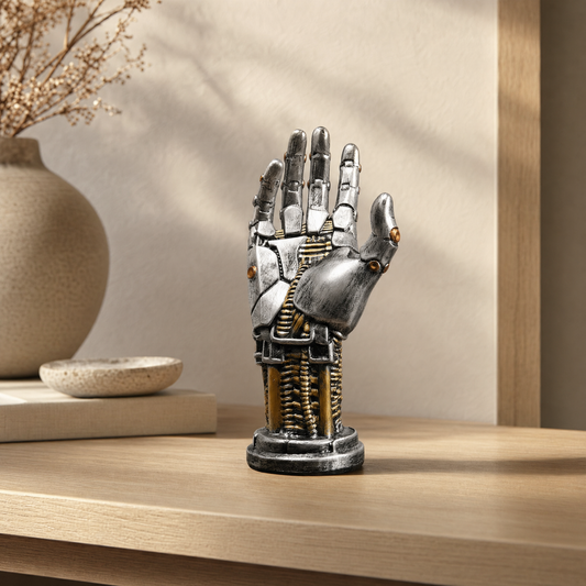 Robotic hand stand on a pale oak console