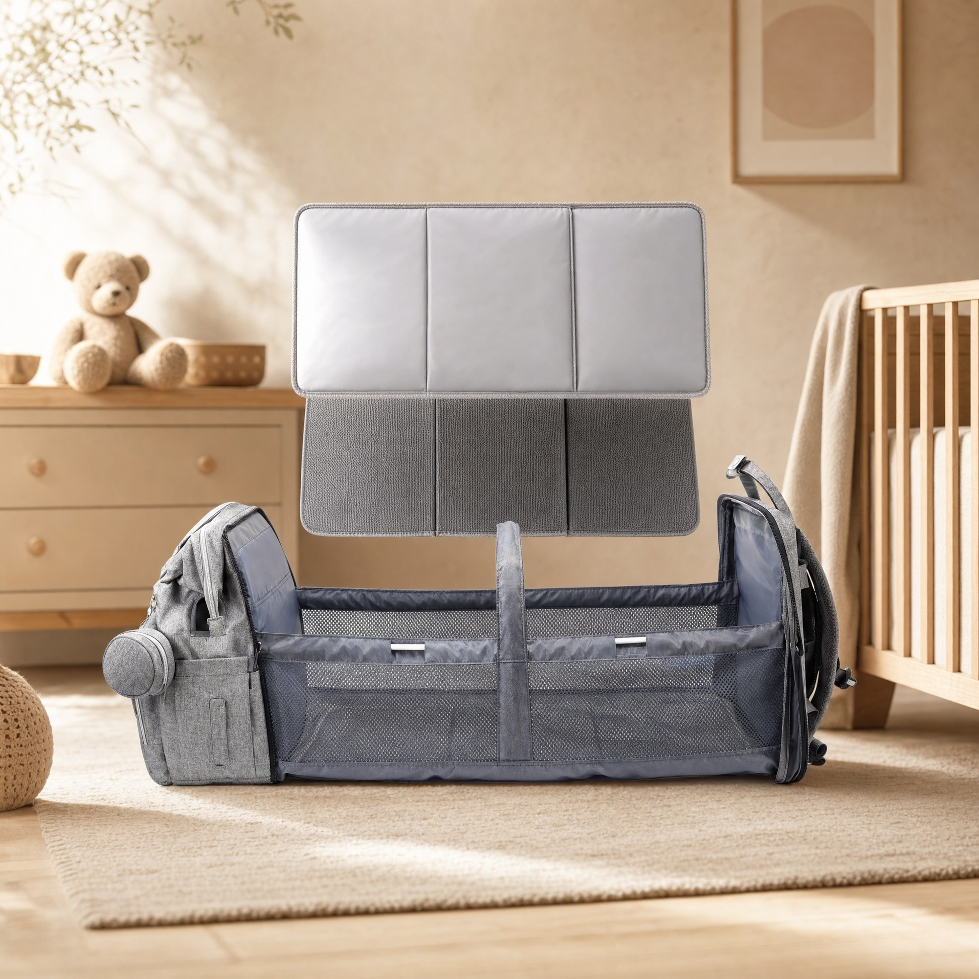 Foldable backpack baby bed in a calm nursery