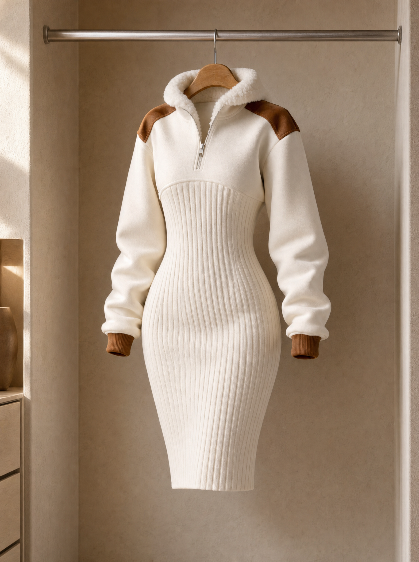 Ivory ribbed knit piece with tan shoulder detail on a hanger