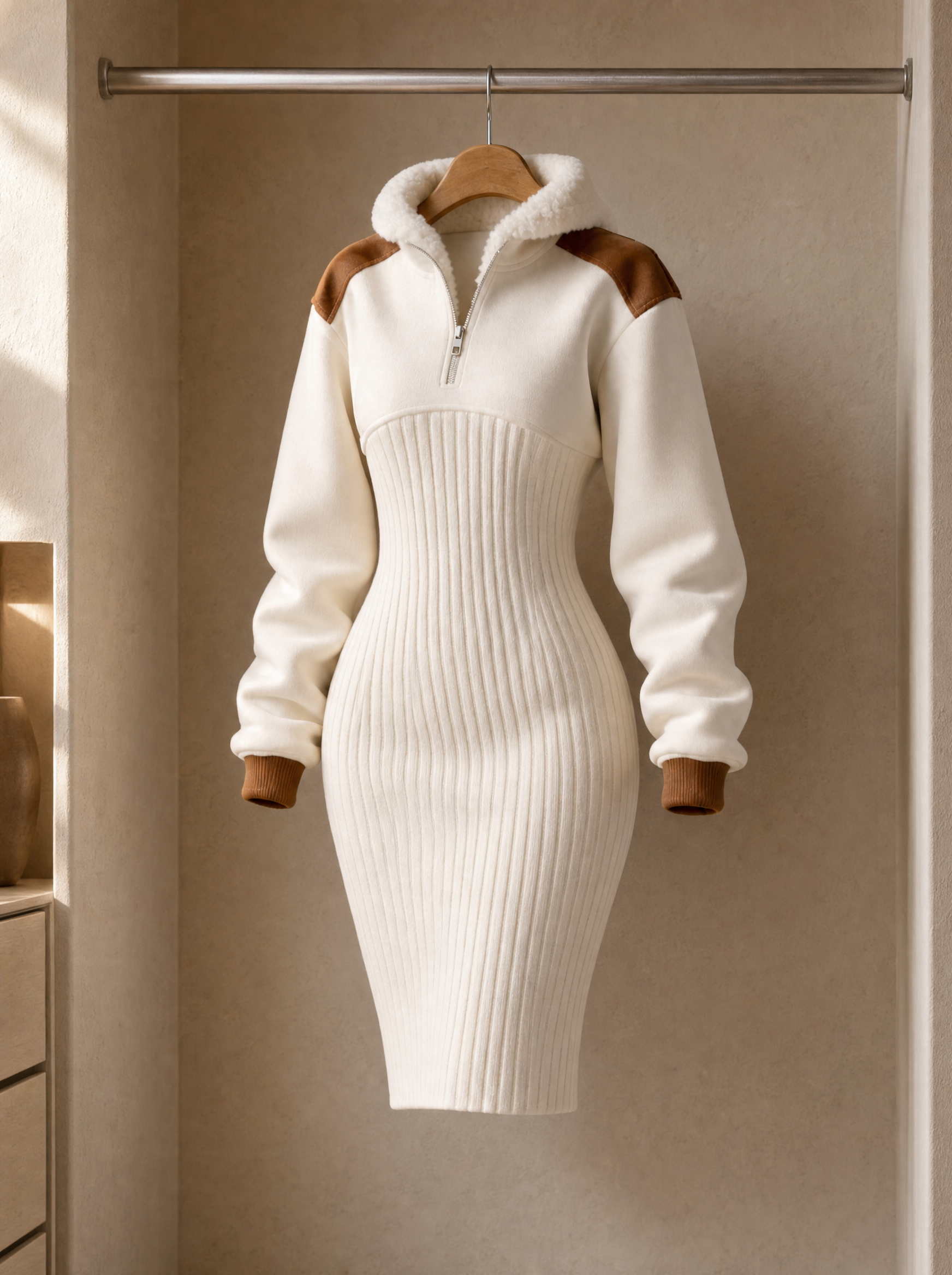 Ivory ribbed knit piece with tan shoulder detail on a hanger