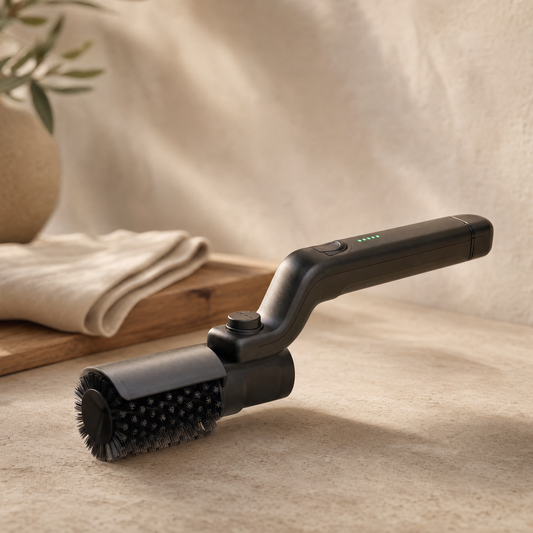 Electric grill brush on a warm neutral surface