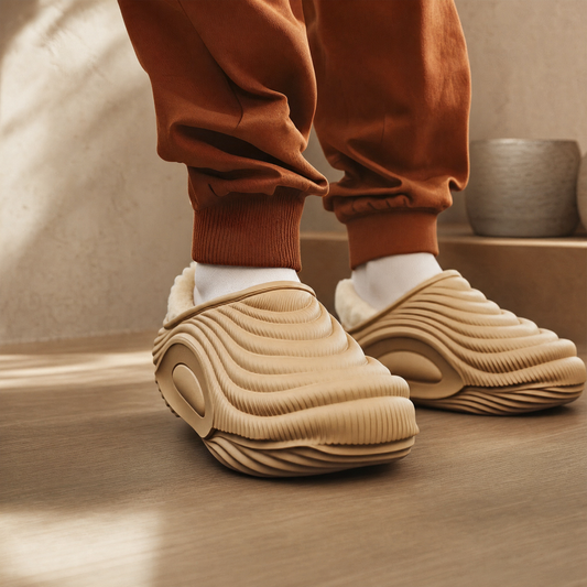 Sand beige waterproof indoor slippers worn in a warm interior