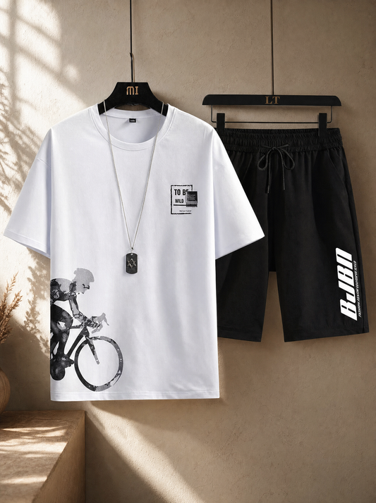 Men's white graphic tee and black shorts sport set