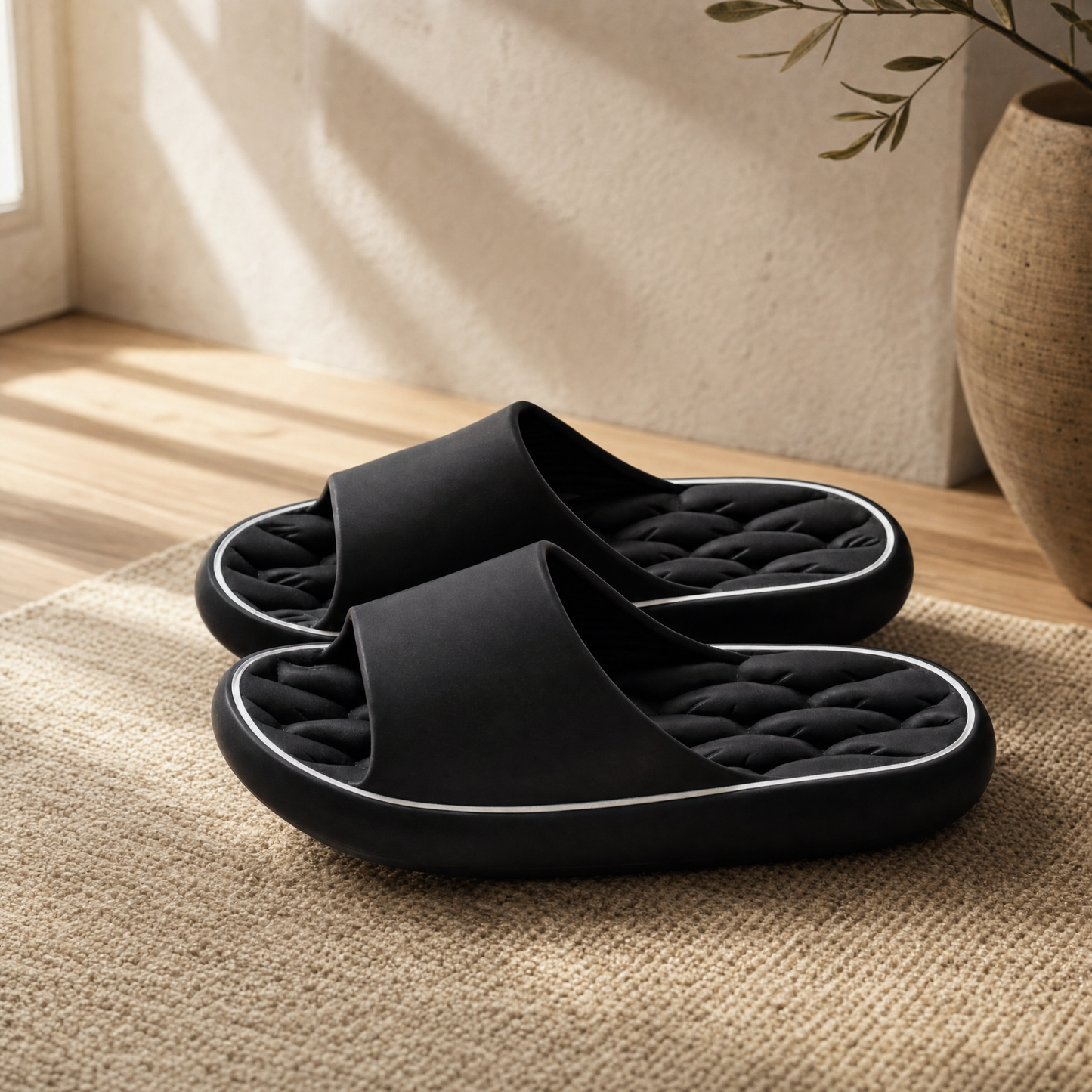 Black quick drying slippers on a pale oak floor