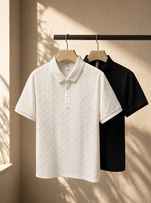 White and black textured O-neck polo on hangers