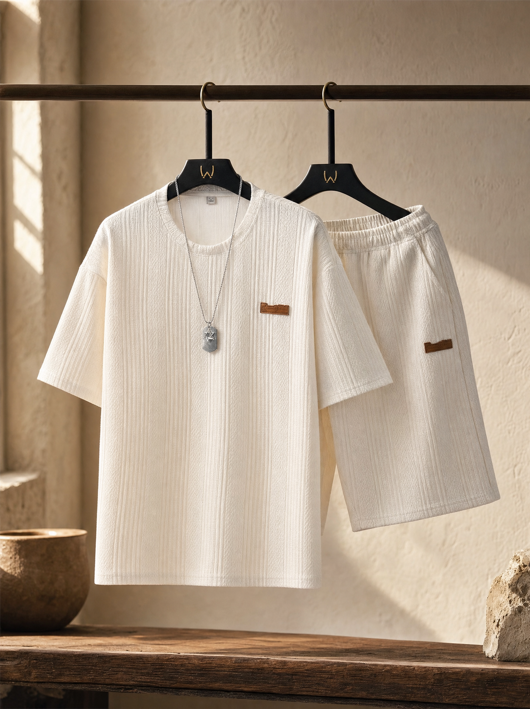 Men's white ribbed two piece set on hangers in soft light