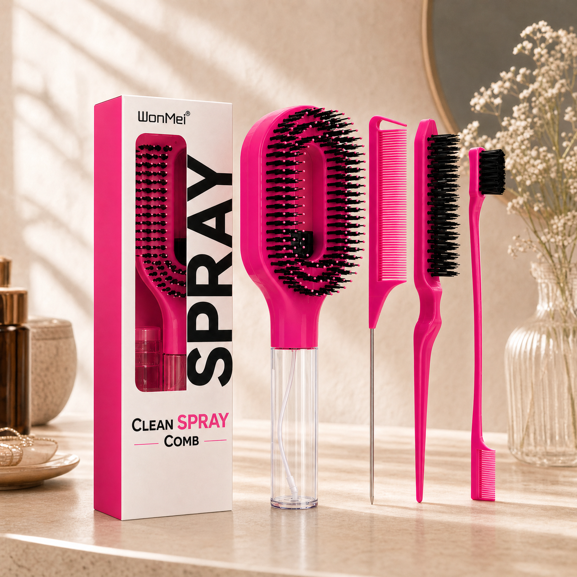 Pink 2-in-1 spray hair brush set with box on a warm vanity
