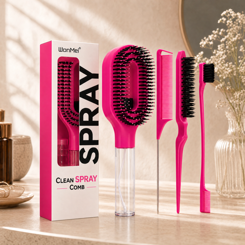 Pink 2-in-1 spray hair brush set with box on a warm vanity