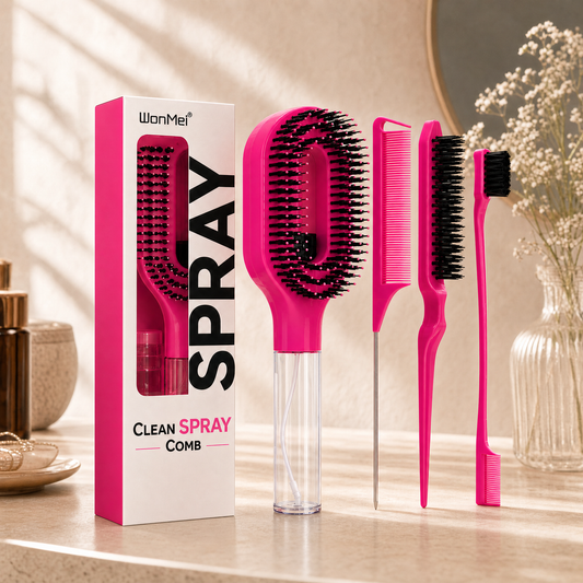 Pink 2-in-1 spray hair brush set with box on a warm vanity