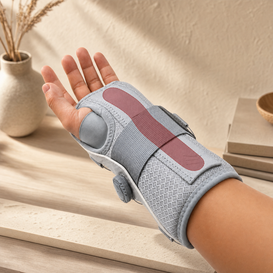 Grey wrist brace support worn, in a warm neutral interior