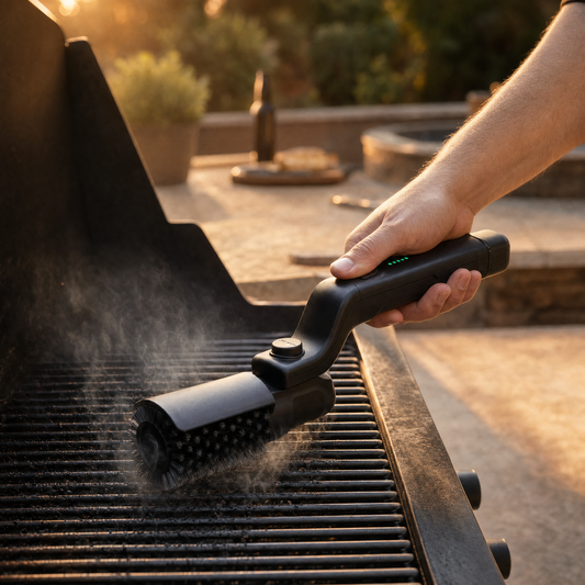 Electric grill brush scrubbing barbecue grates in an outdoor kitchen at golden hour