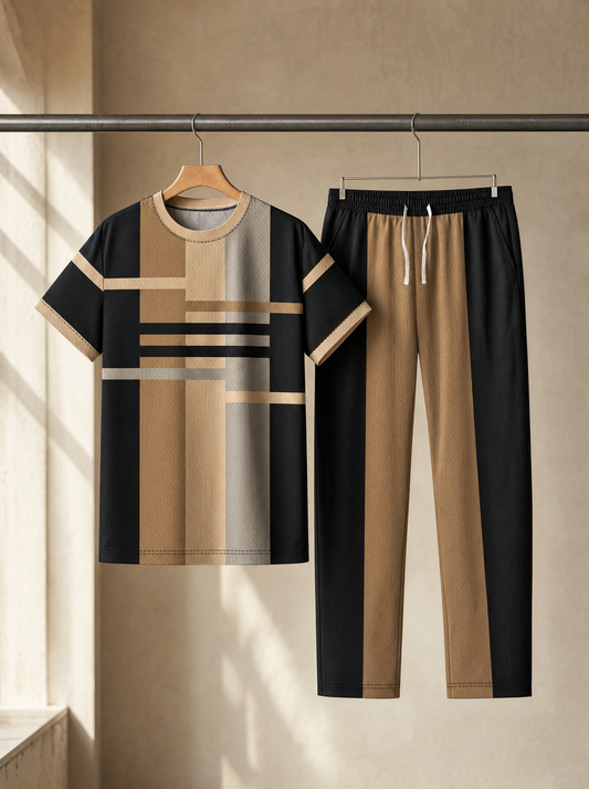 Men's black and cream casual set hanging from a metal rail in warm natural light