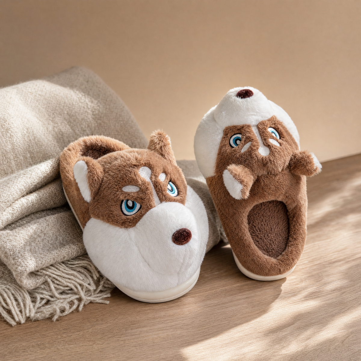 Comfy Dog Slippers in brown on a pale oak floor