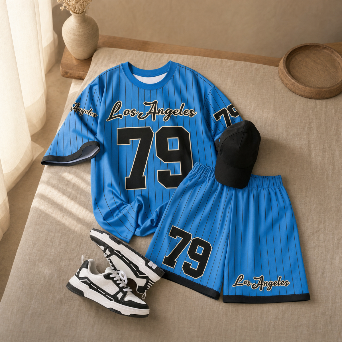 Men's Baseball Set in blue, flat lay on warm linen