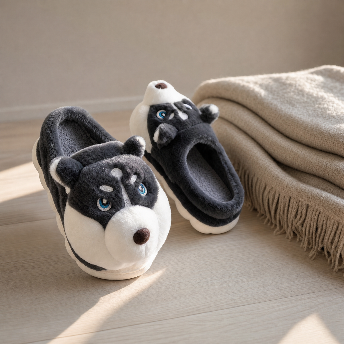 Comfy Dog Slippers in black on a pale oak floor
