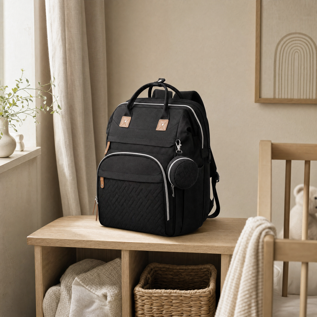 Foldable baby bed backpack in black in a nursery corner