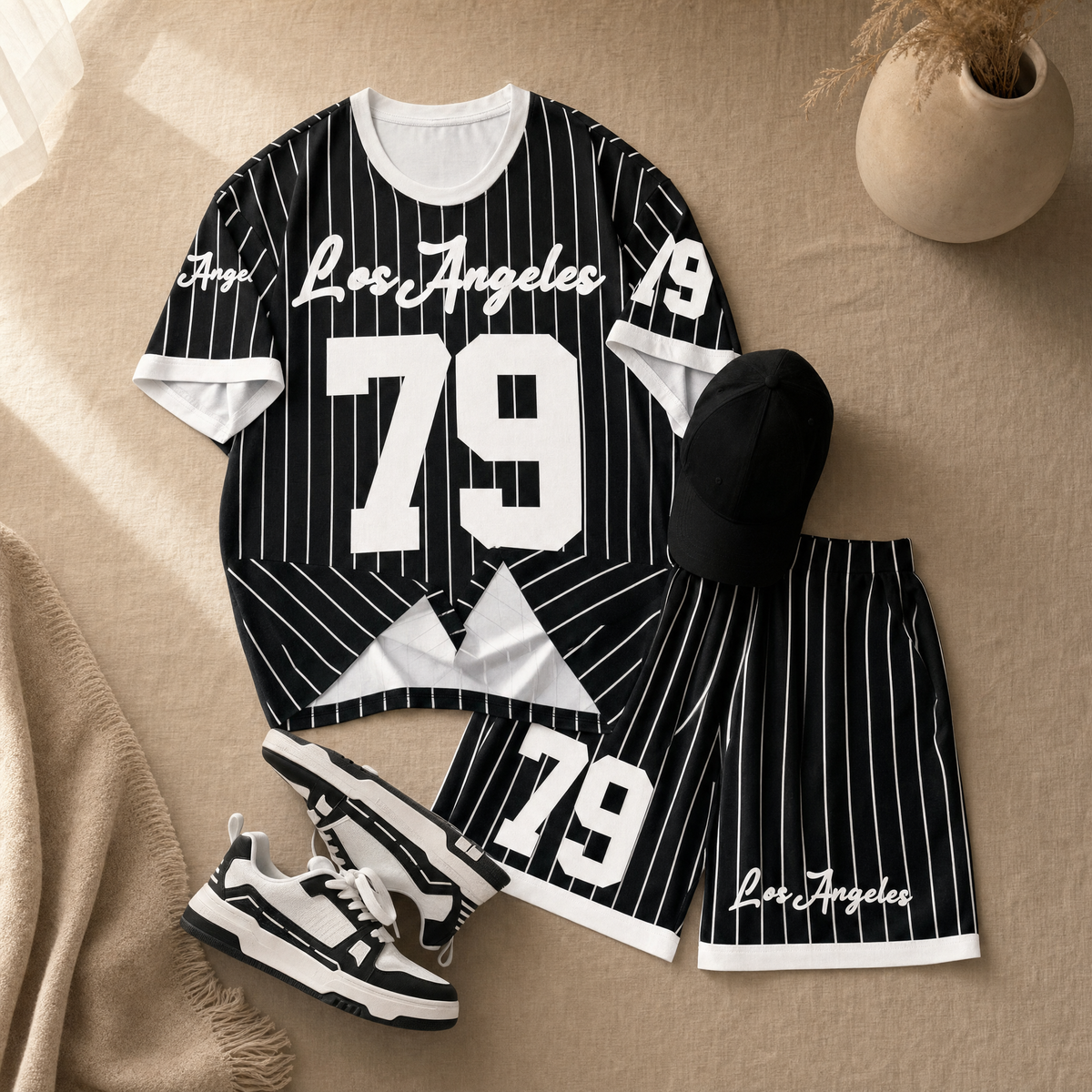 Men's Baseball Set in black, flat lay on warm linen