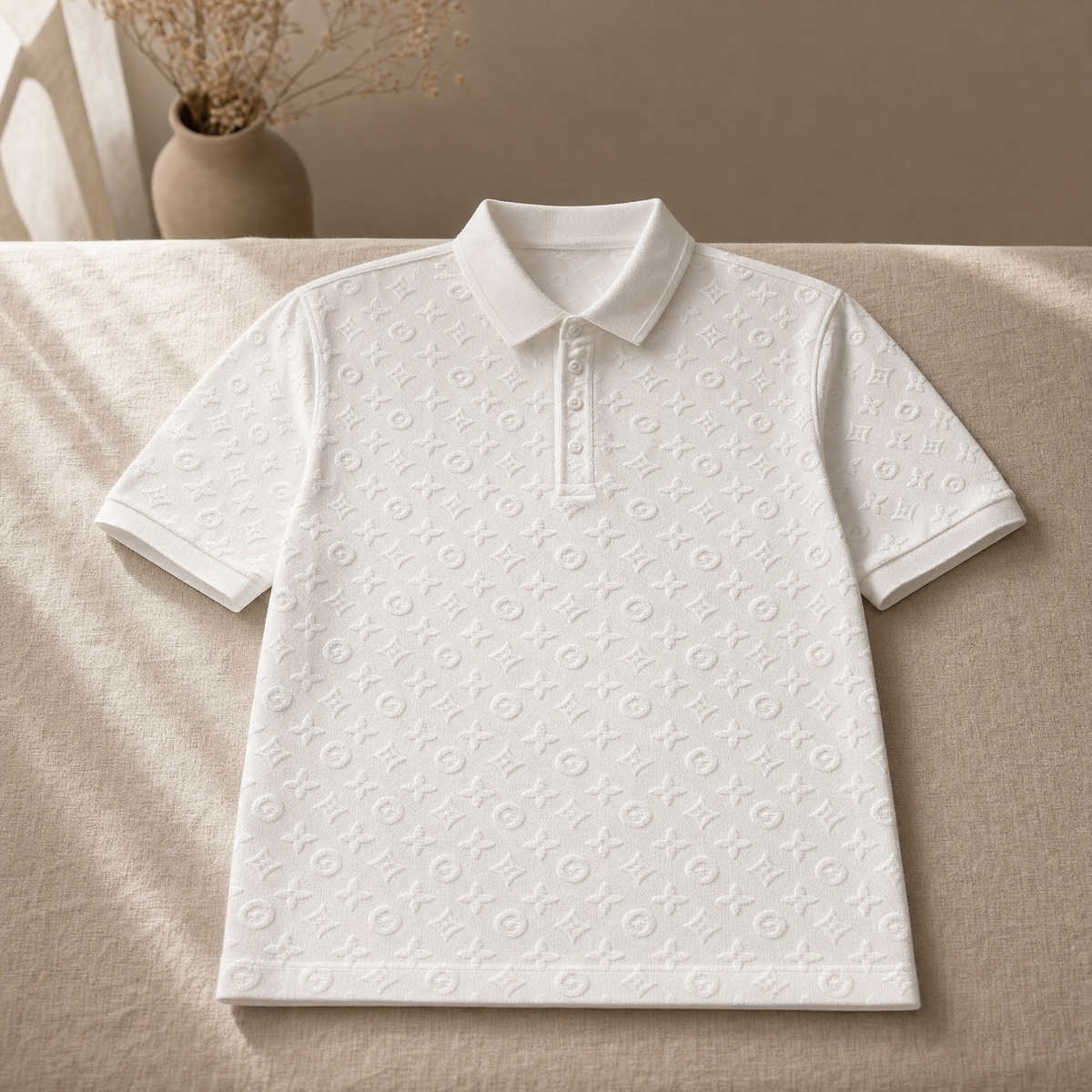O neck polo in white, flat lay on warm linen