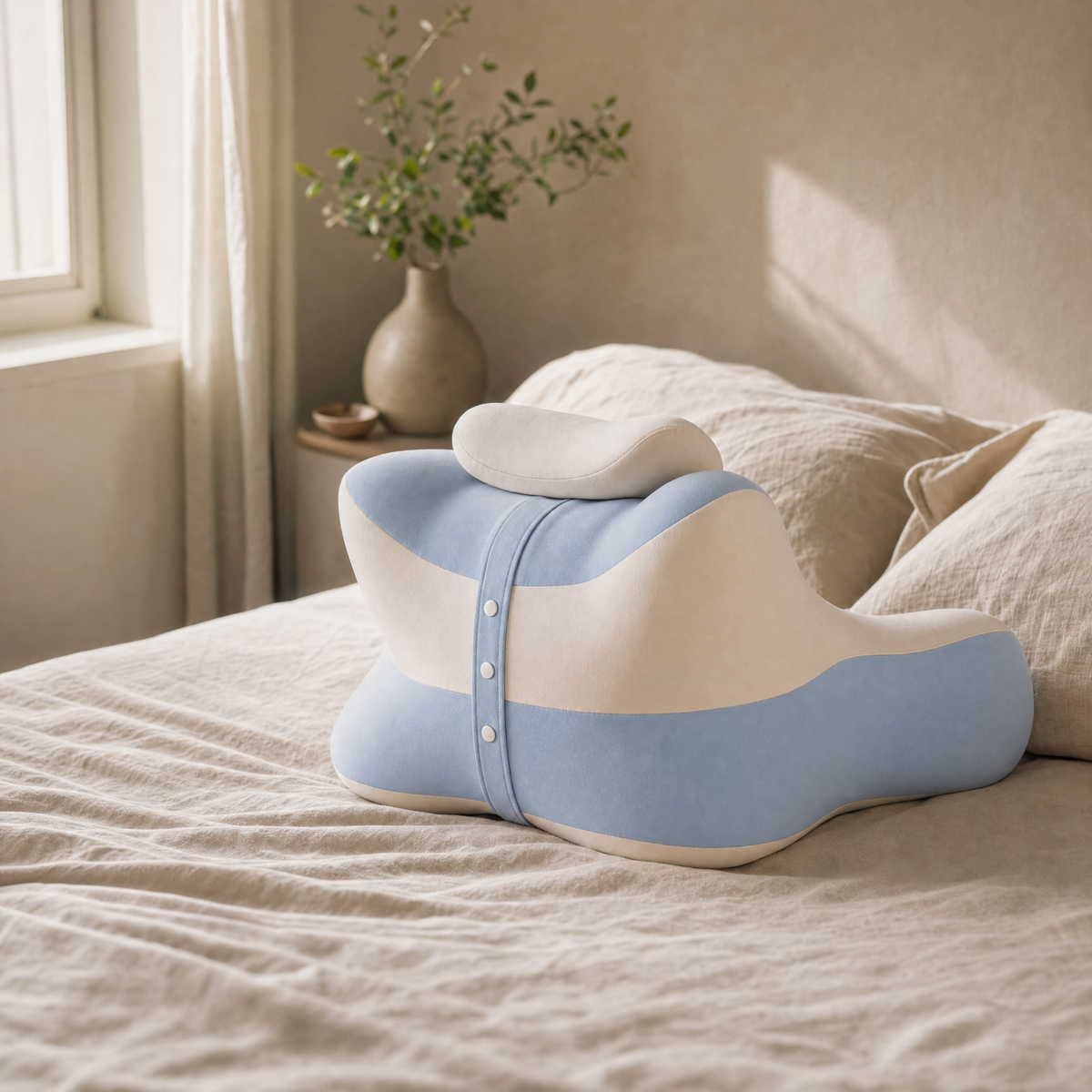 Memory foam pillow in blue and white on a linen-dressed bed