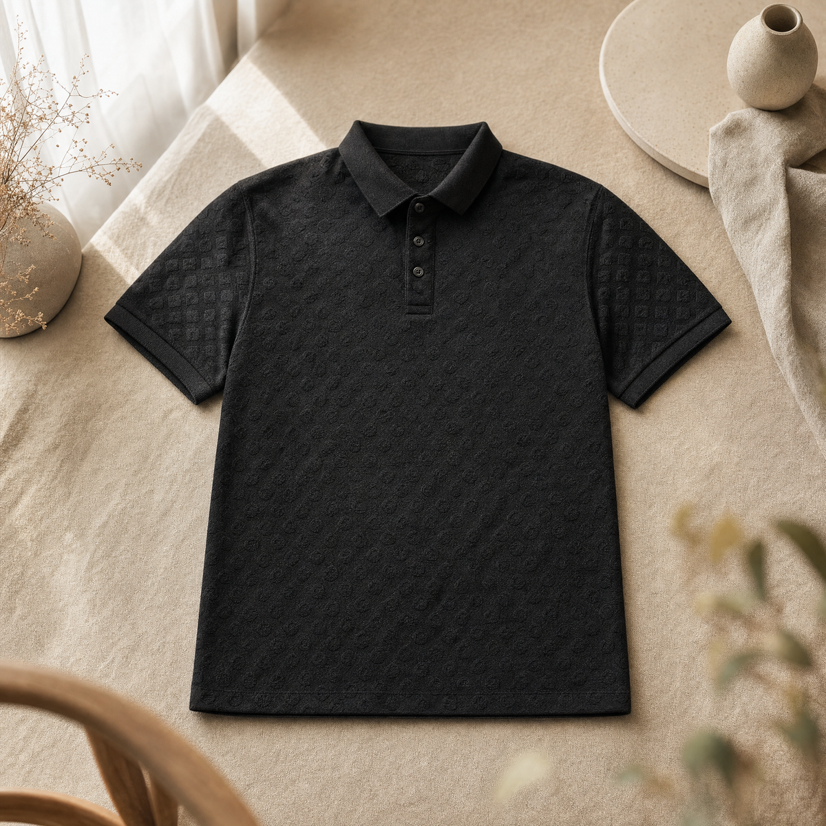 O neck polo in black, flat lay on warm linen