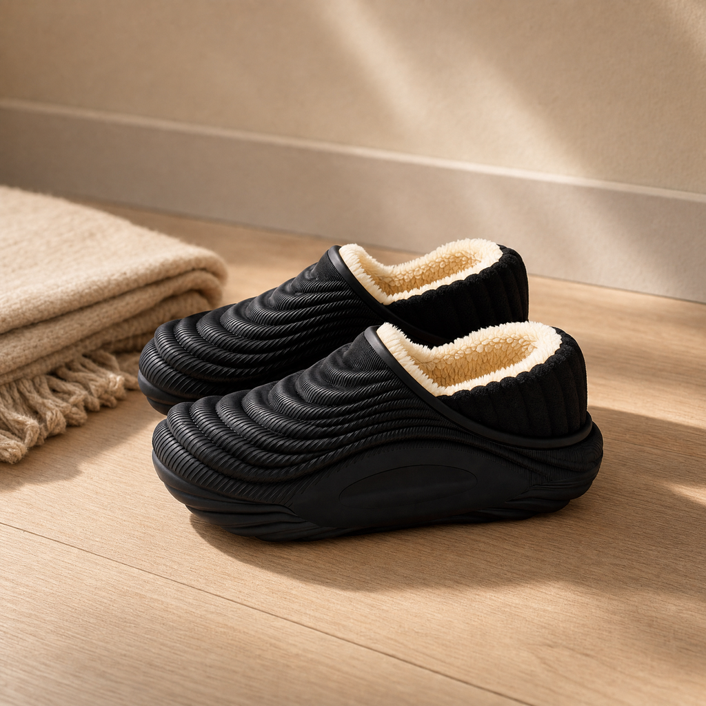 Waterproof indoor slippers in black on a pale oak floor