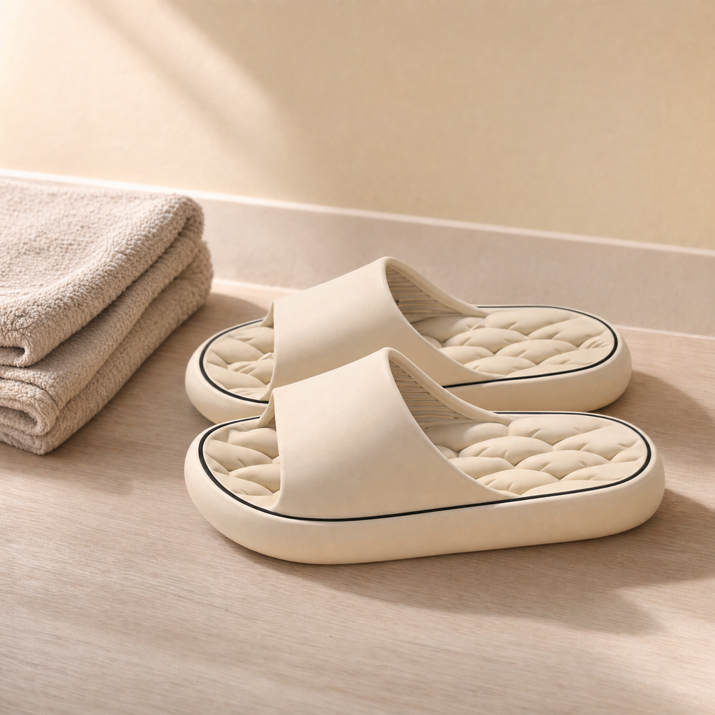 Quick drying slippers in white on a pale oak floor