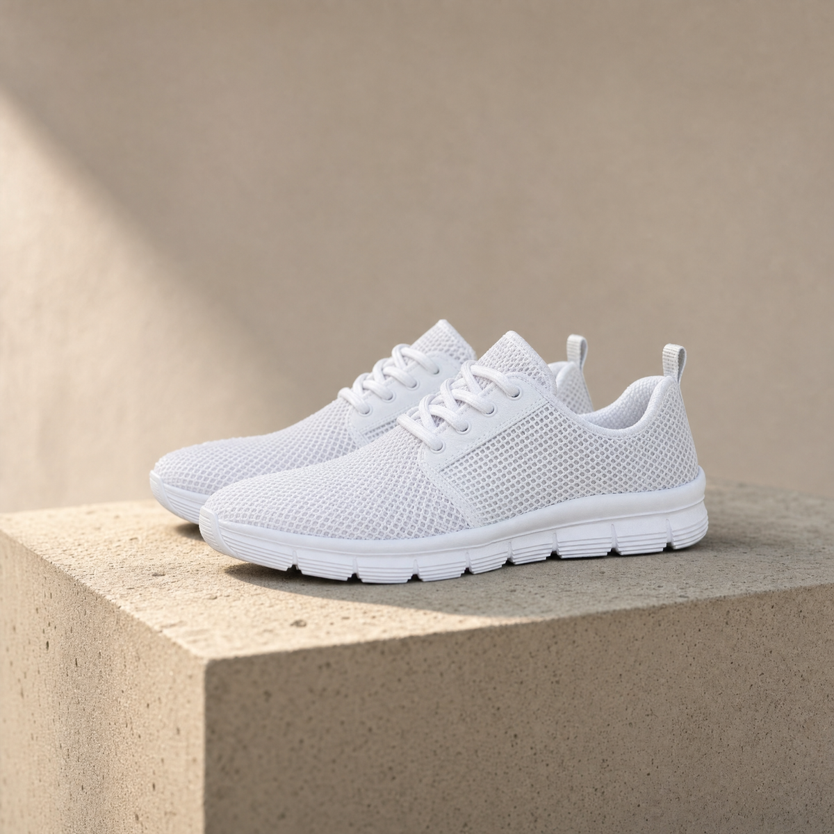 Lightweight sneakers in white on a sand-toned plinth