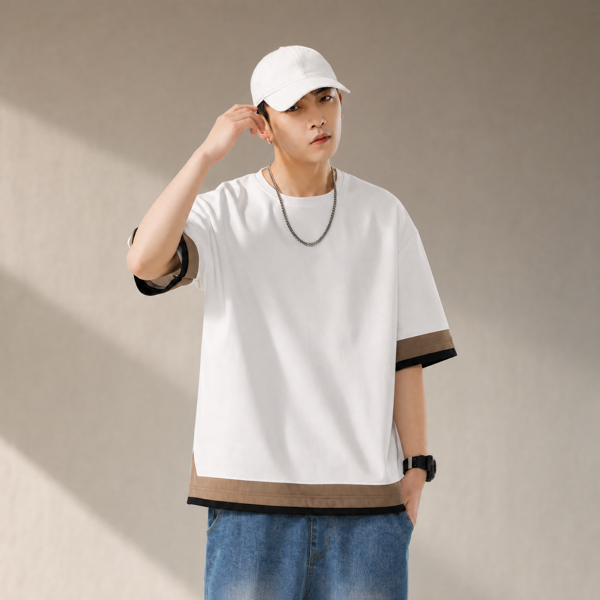Men's oversized T-shirt in white, worn, warm daylight