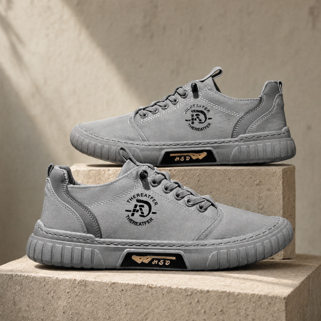 Men's casual shoes in gray on a sand-toned plinth