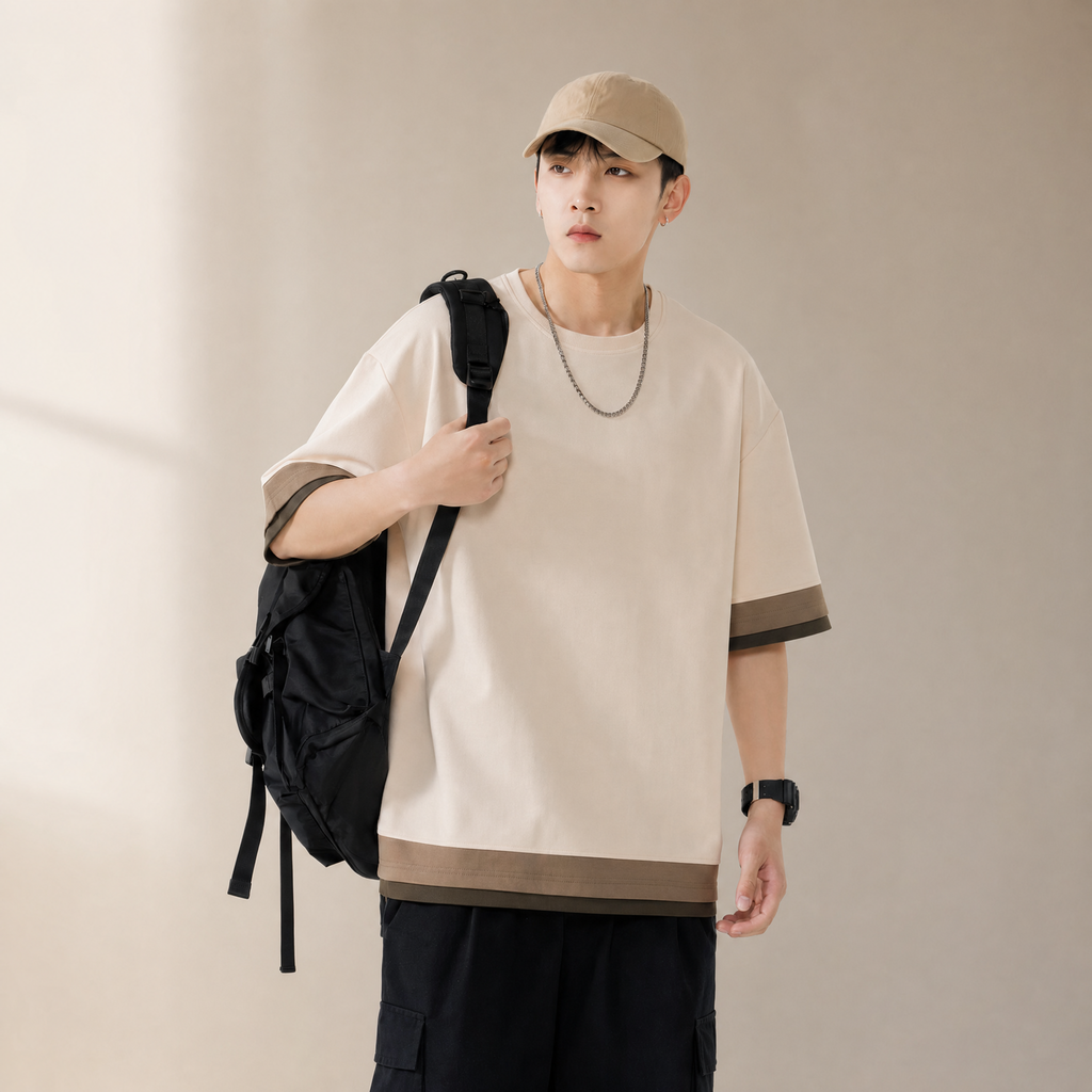 Men's oversized T-shirt in apricot, worn, warm daylight