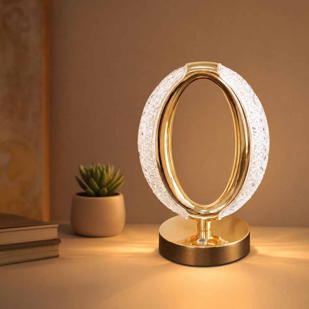 Rechargeable crystal ring lamp, circle, on a console at dusk