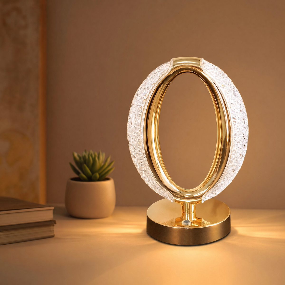 Rechargeable crystal ring lamp, circle, on a console at dusk