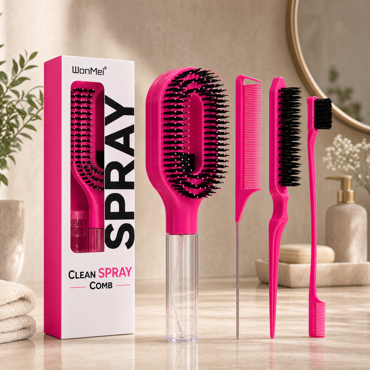 2-in-1 spray hair brush set in hot pink on a travertine vanity