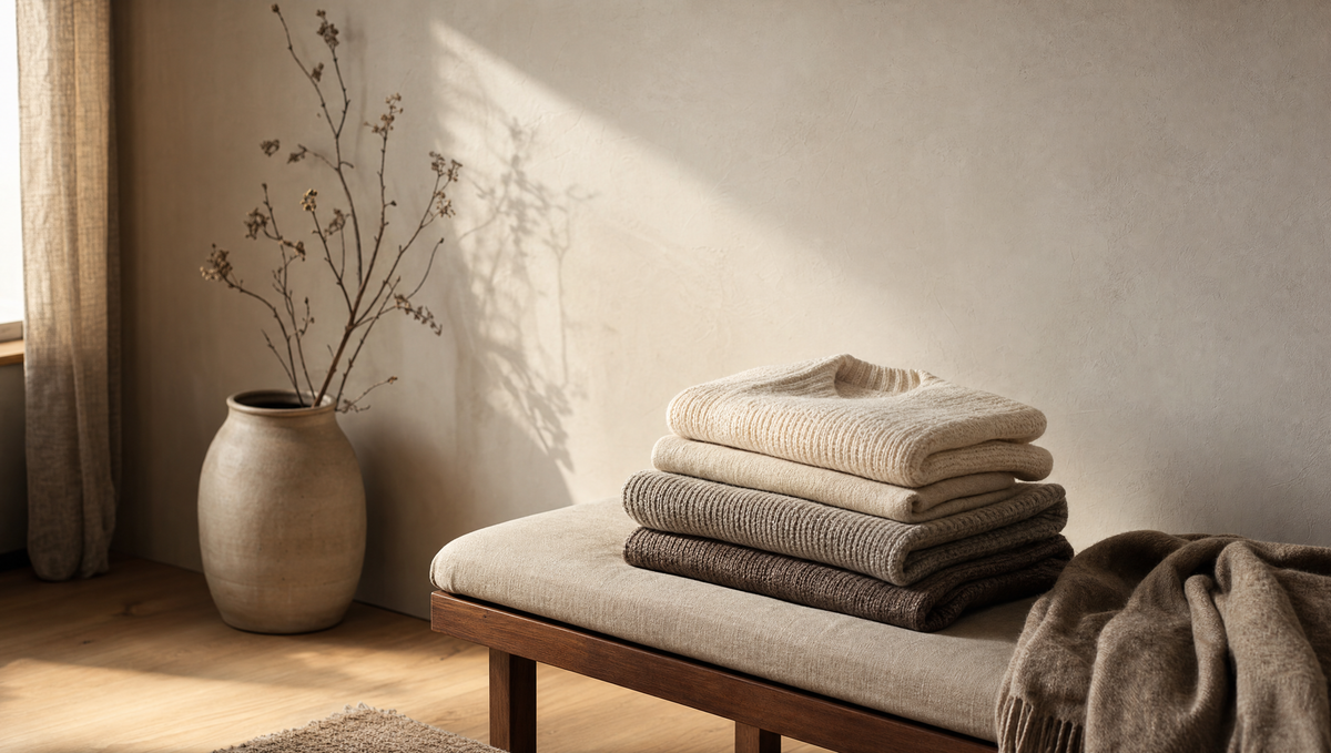 Sunlit Scandinavian interior with folded neutral knitwear on a linen bench